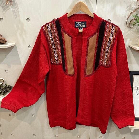 ALPACA STYLE Traditional Alpaca Wool Cardigan SZ M Leather and Wool Trim - Picture 1 of 6